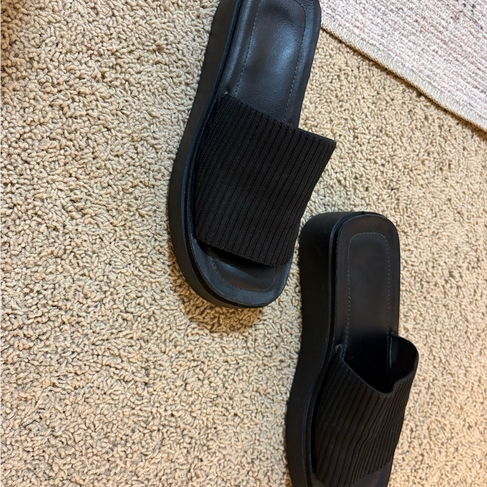 Black Ribbed Slide Sandals - Picture 2 of 3